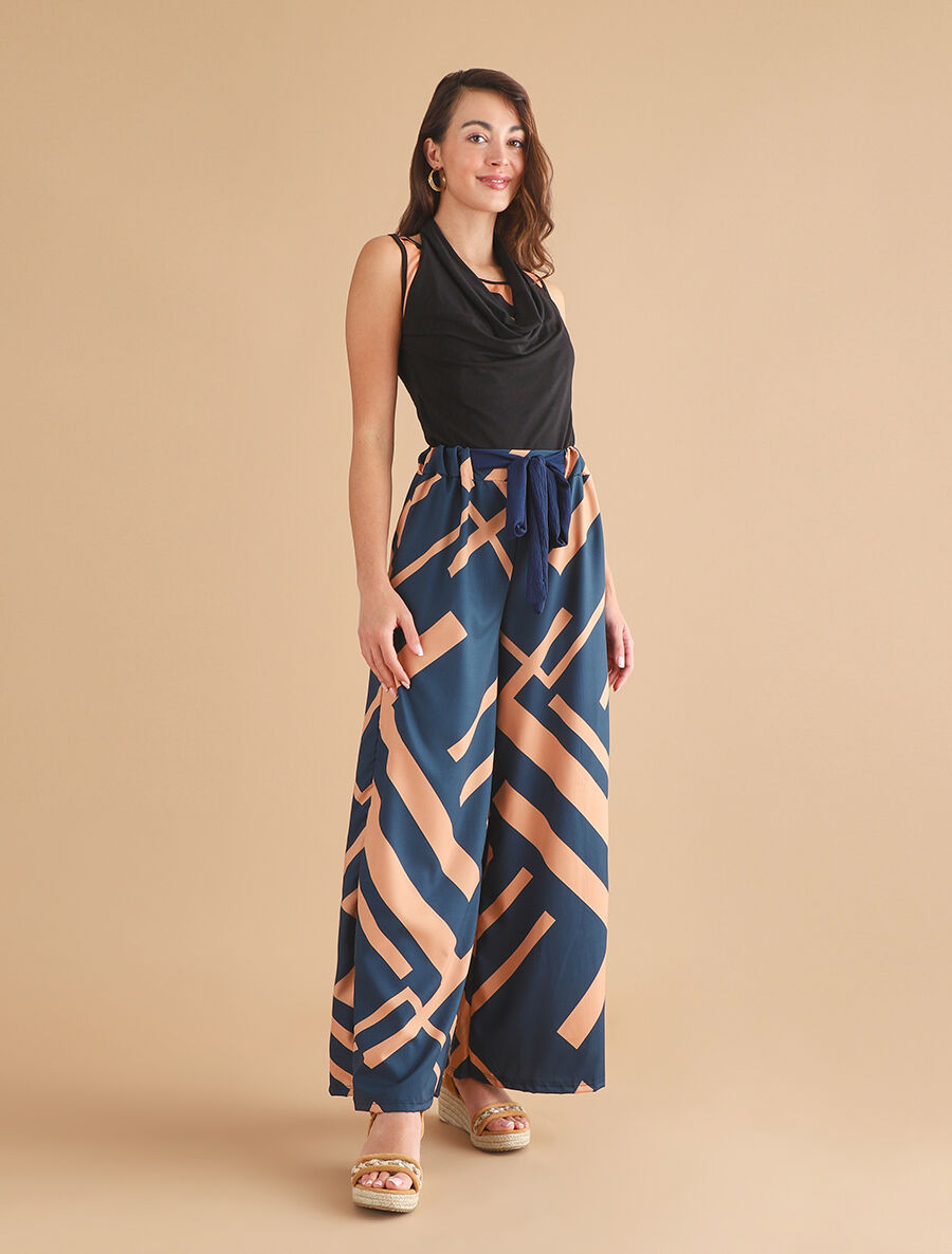 Pantalon ample taille haute motif graphique - Marine - 4