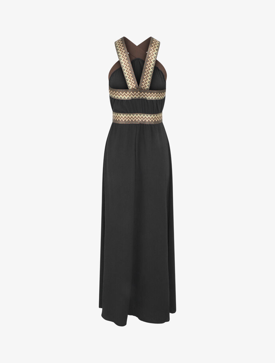 Robe longue unie col américain fantaisie - Noir - 2