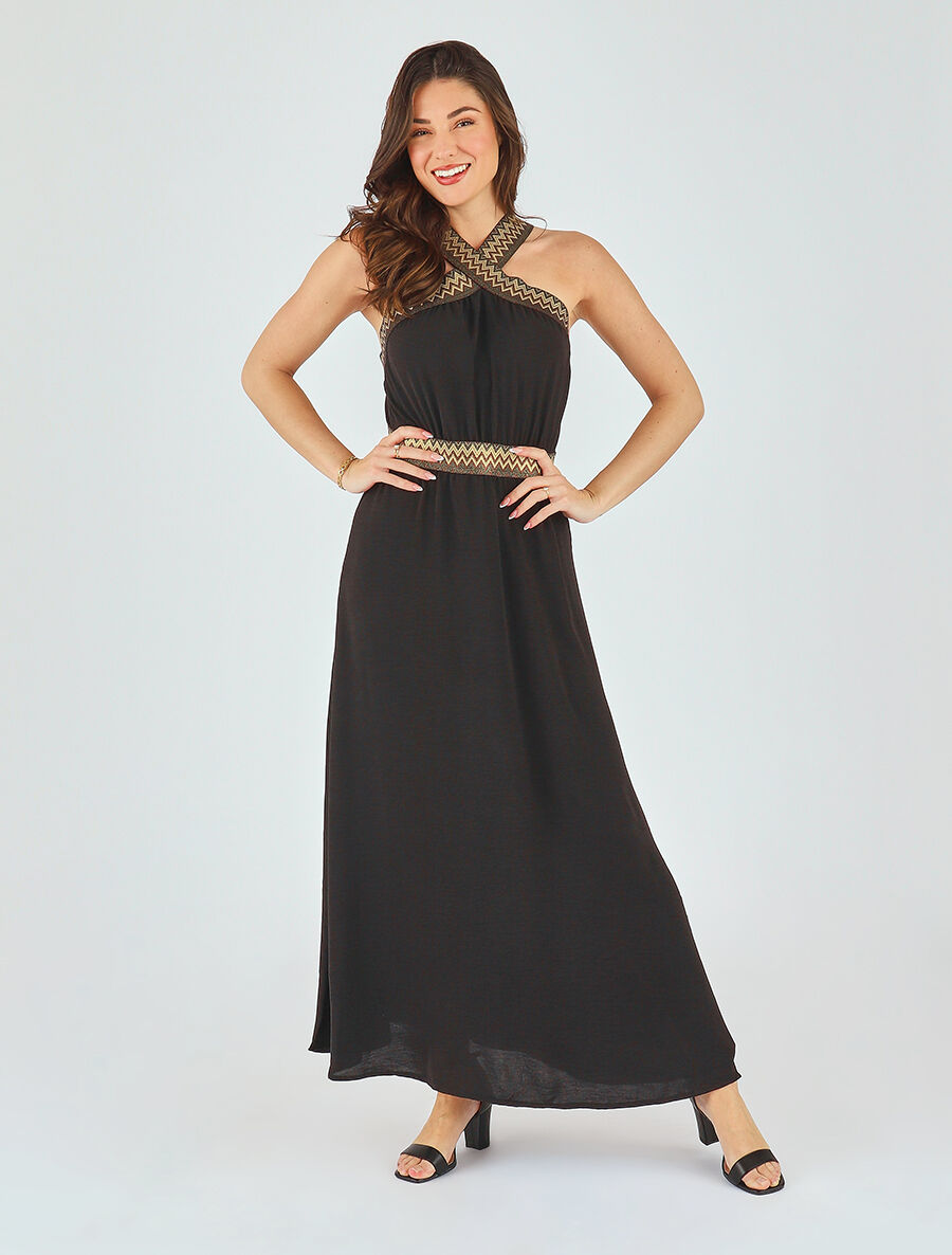 Robe longue unie col américain fantaisie - Noir - 4