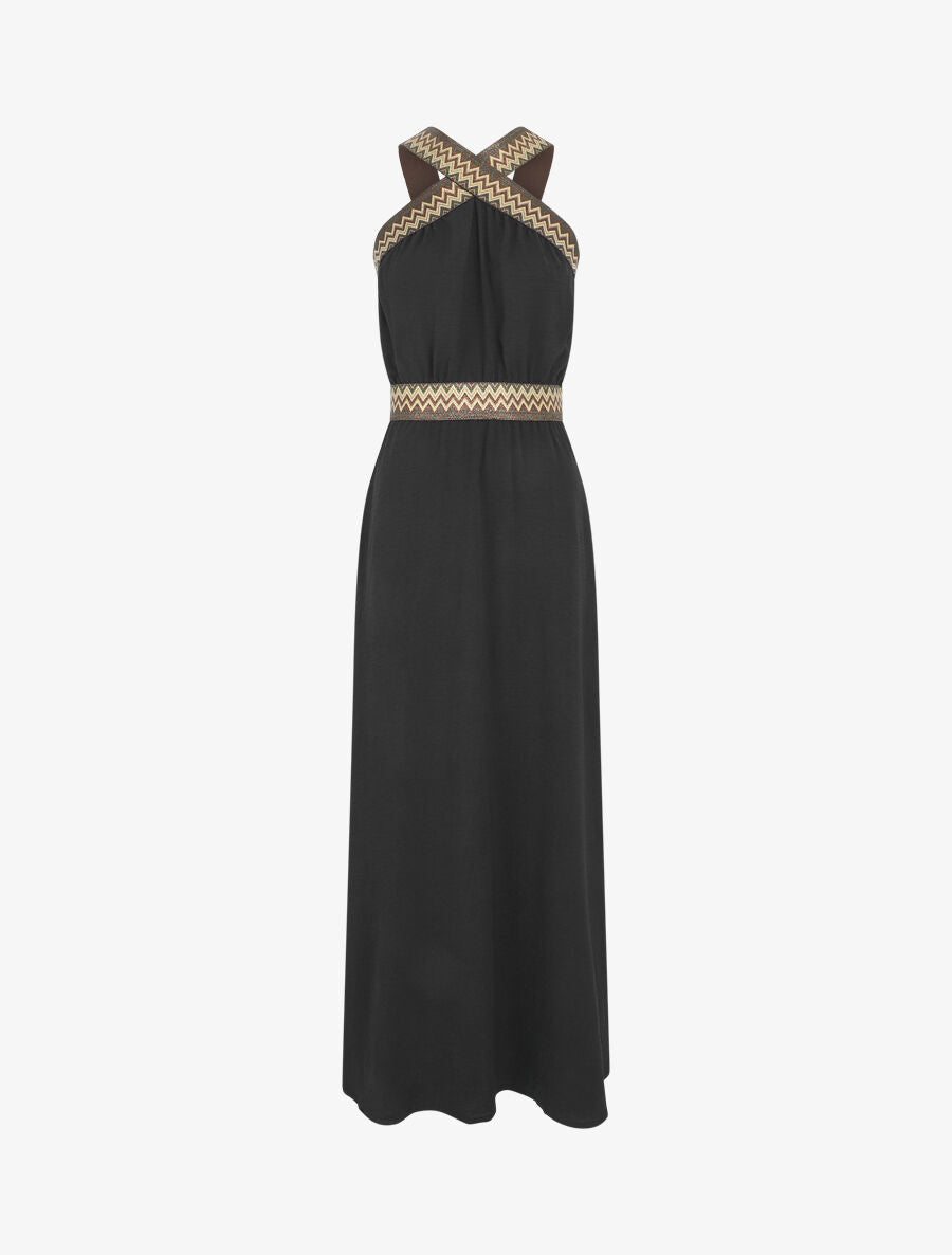 Robe longue unie col américain fantaisie - Noir - 6