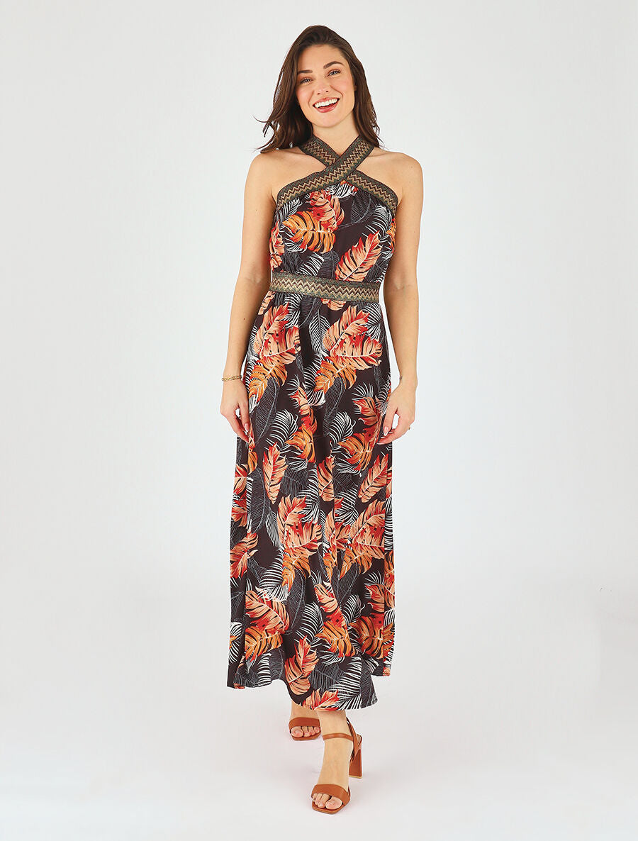 Robe longue imprimé tropical à larges bretelles croisées - Noir - 4