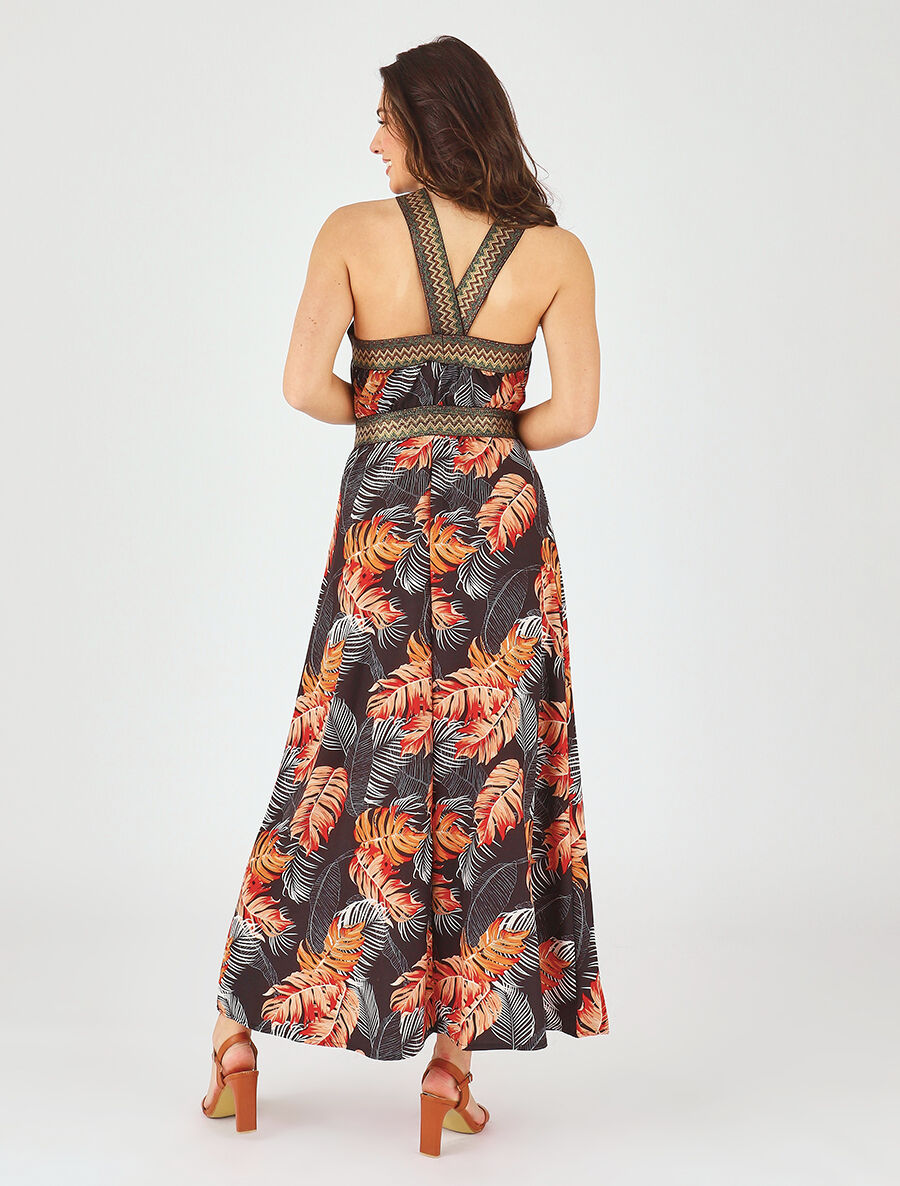 Robe longue imprimé tropical à larges bretelles croisées - Noir - 5