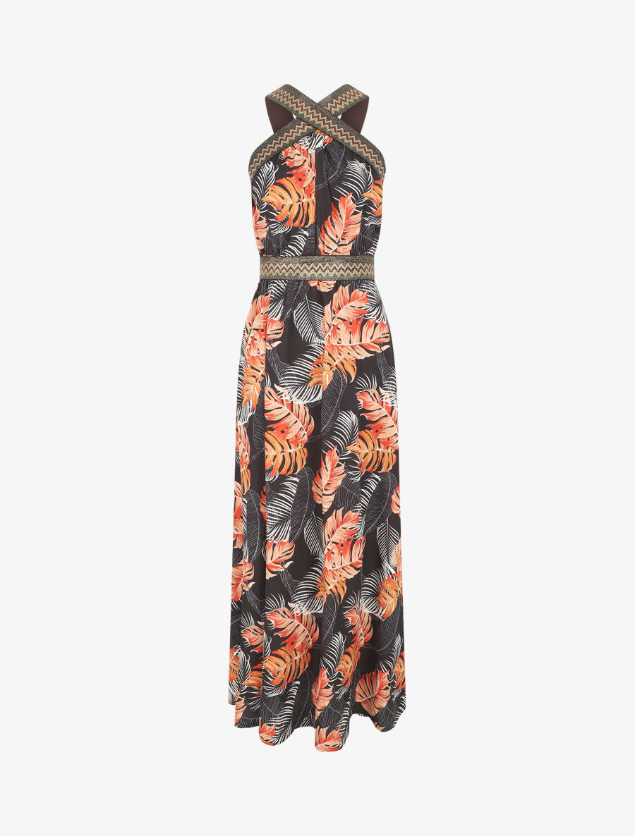 Robe longue imprimé tropical à larges bretelles croisées - Noir - 6