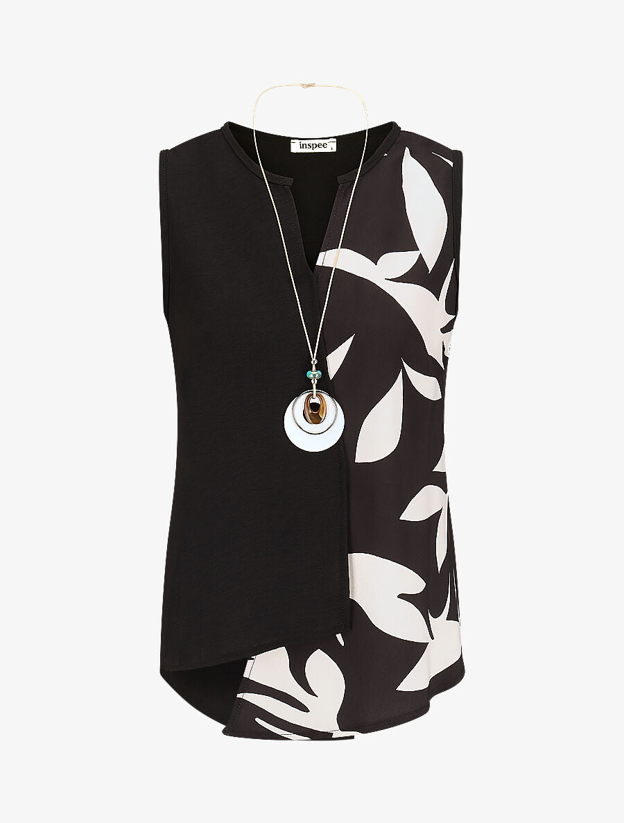 Top sans manches asymétrique imprimé feuilles - Noir - 4