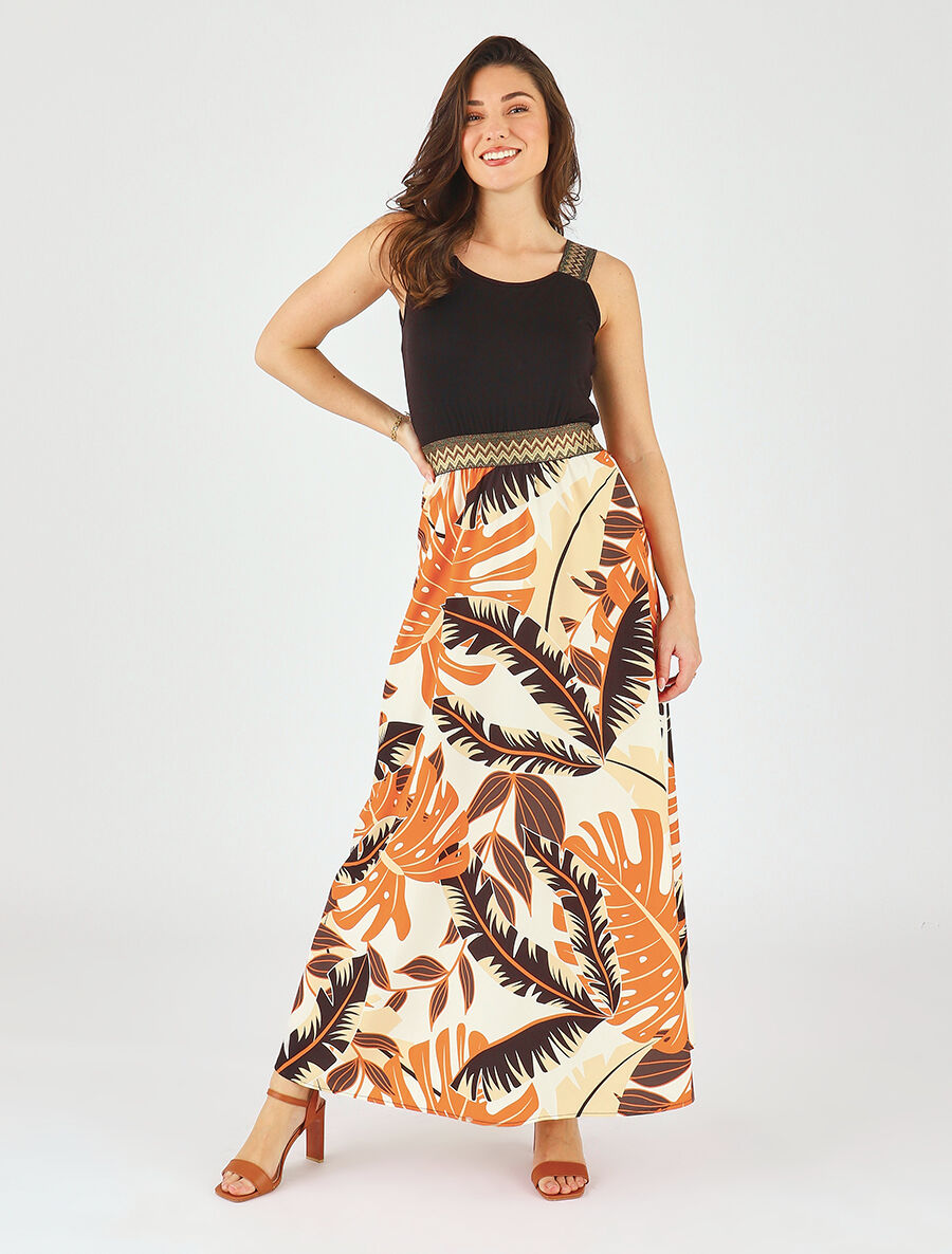 Robe longue à bretelles imprimé tropical - Noir - 4