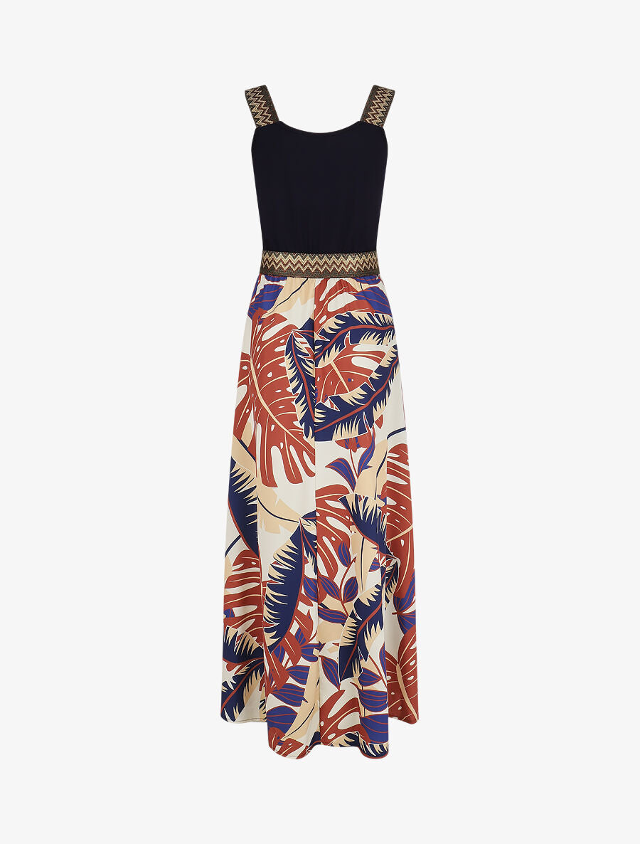 Robe longue à bretelles imprimé tropical - Marine - 6