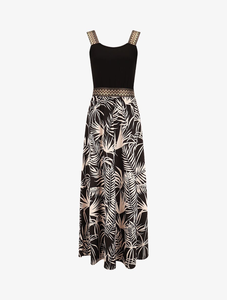 Robe longue à bretelles imprimé plantes tropicales - Noir - 5