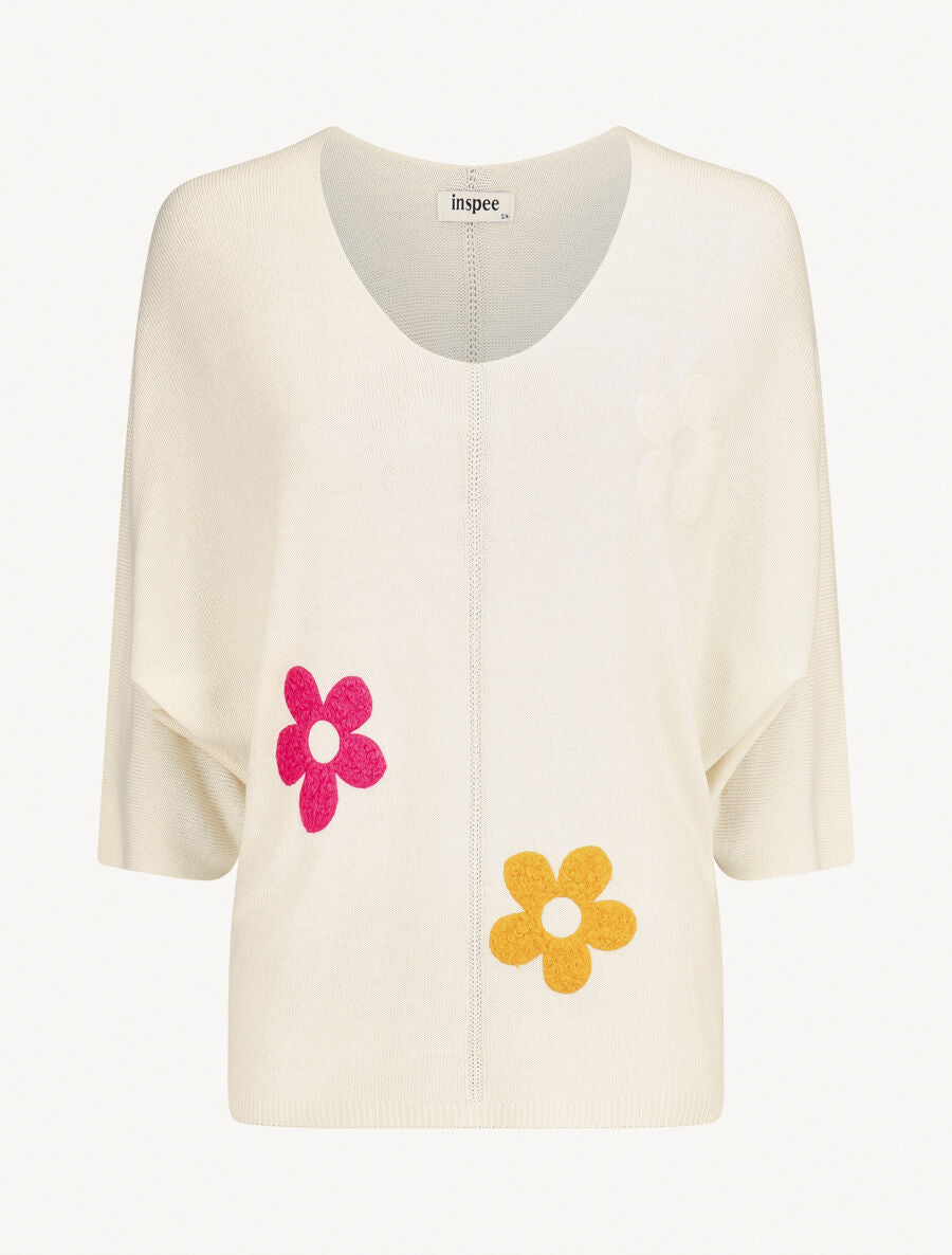 Pull fin à motif trois fleurs - Beige - 1