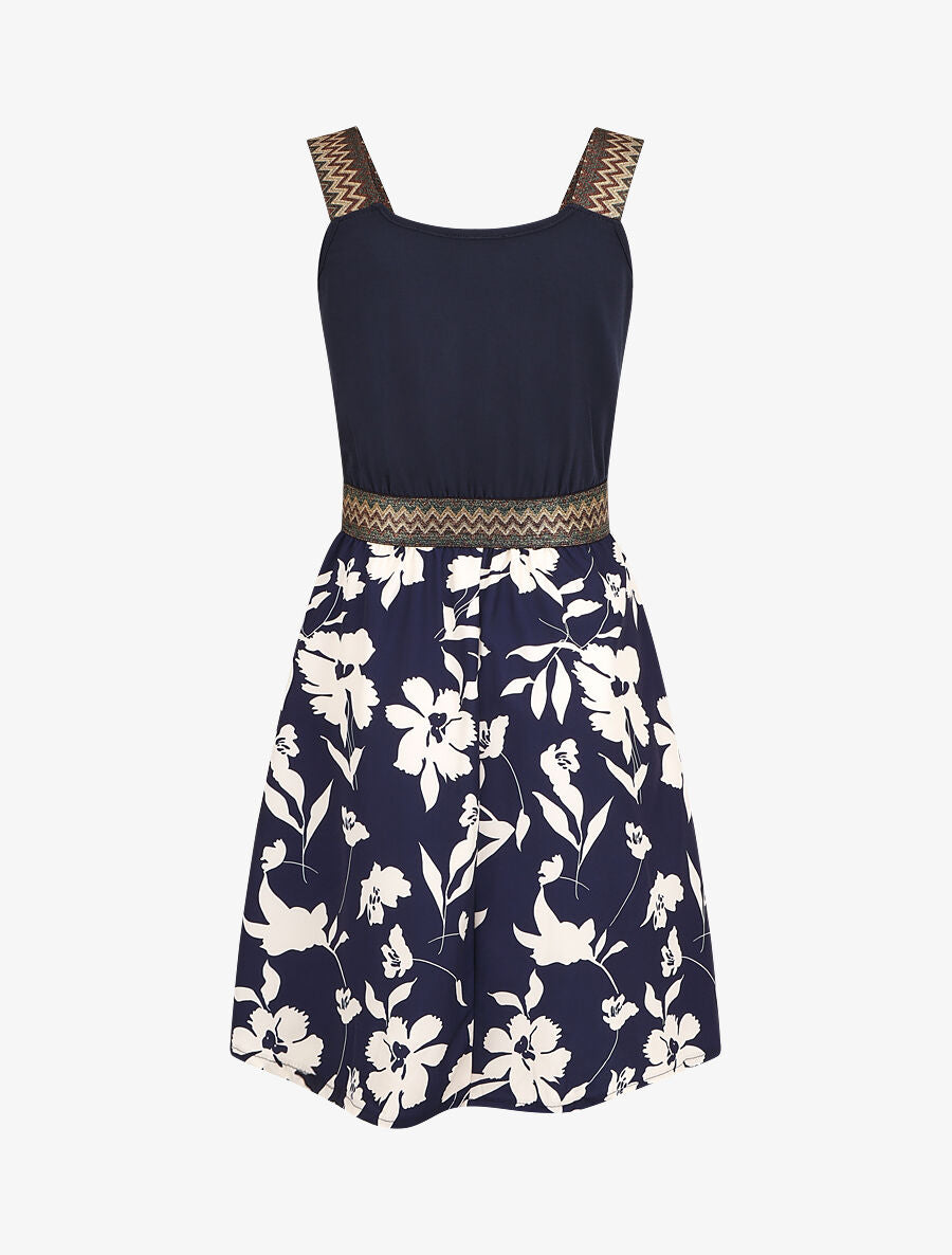 Robe courte fleurie bretelles fantaisies - Marine - 2
