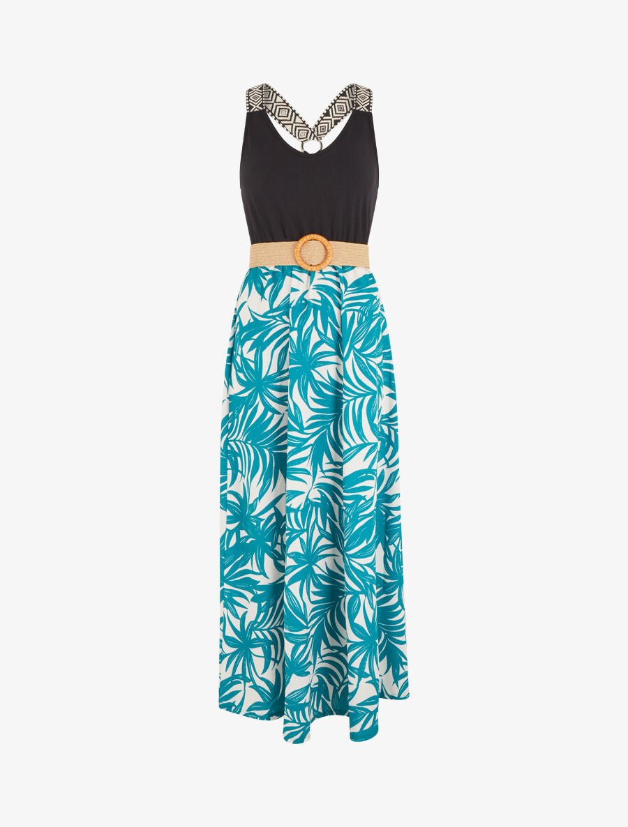 Robe imprimé feuillage à bretelles imprimé mosaïque - Vert - 1