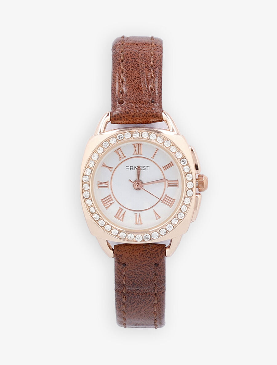 Montre effet croco à strass - Marron - 3