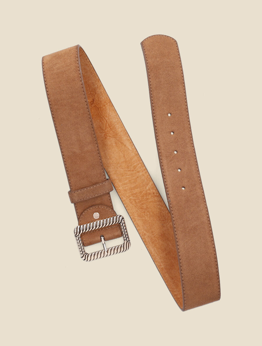 Ceinture en suédine à boucle carrée stylisée - Camel - 3