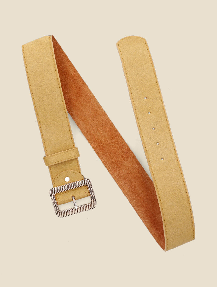 Ceinture en suédine à boucle carrée stylisée - Moutarde - 3