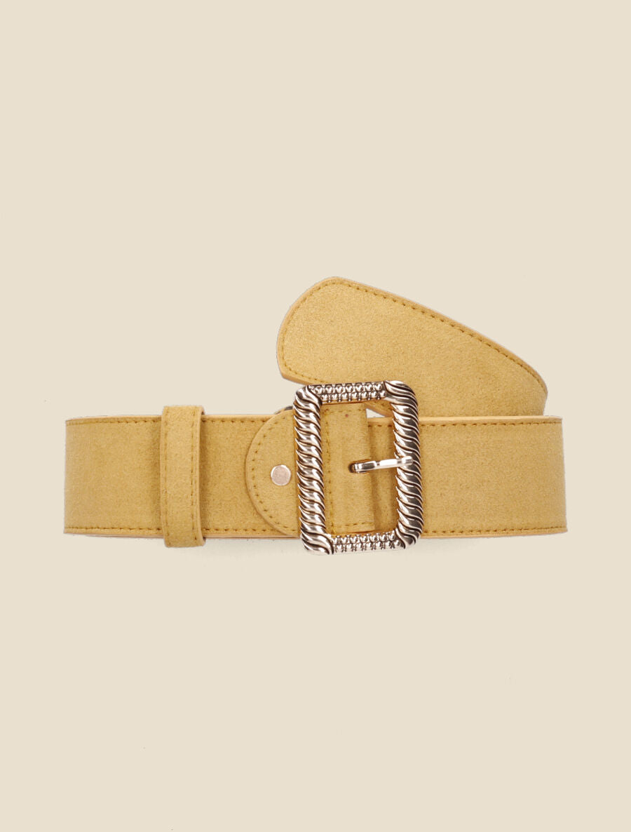 Ceinture en suédine à boucle carrée stylisée - Moutarde - 2