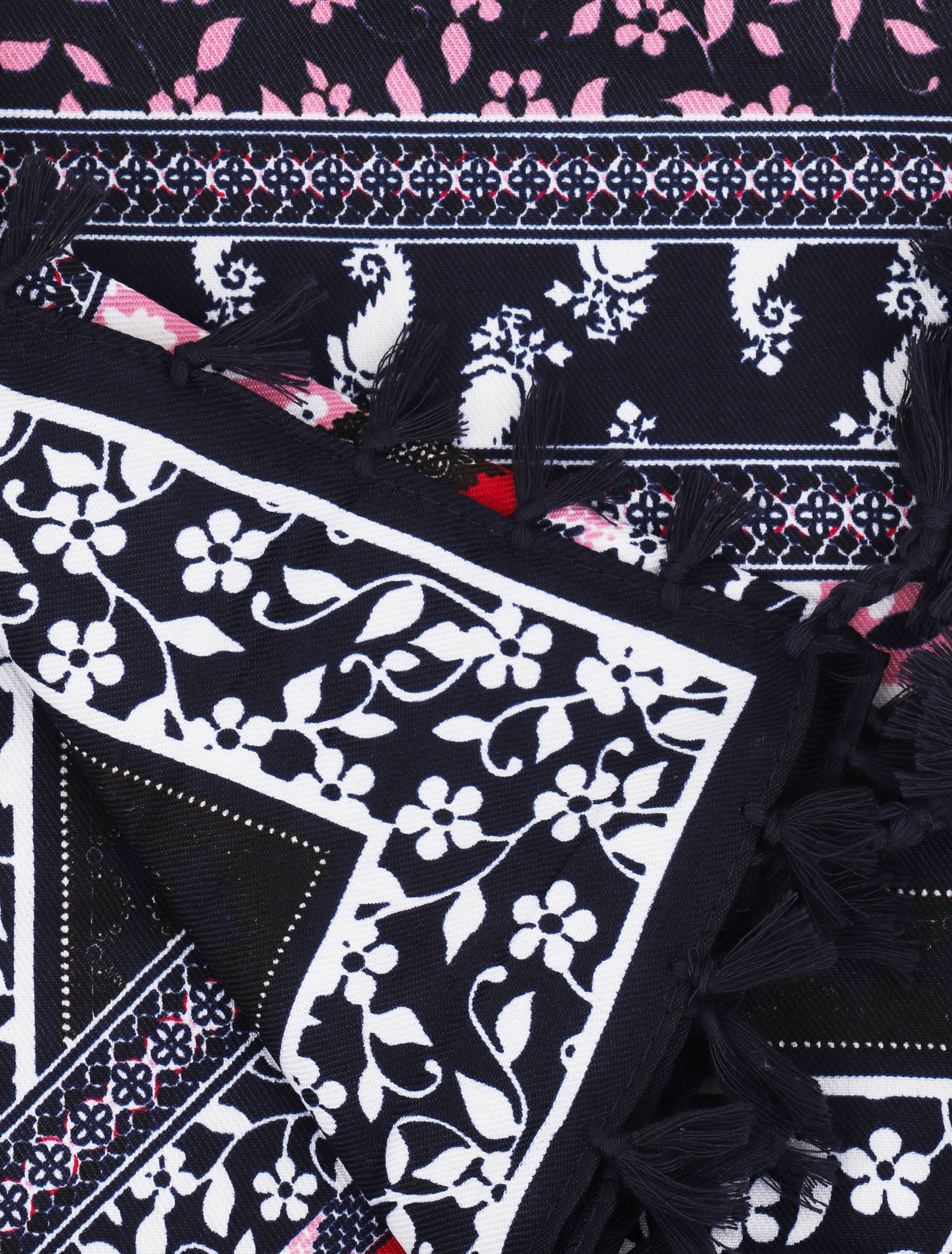 Foulard à imprimé multi-fleurs style patchwork et bords à pompons - Marine - 3