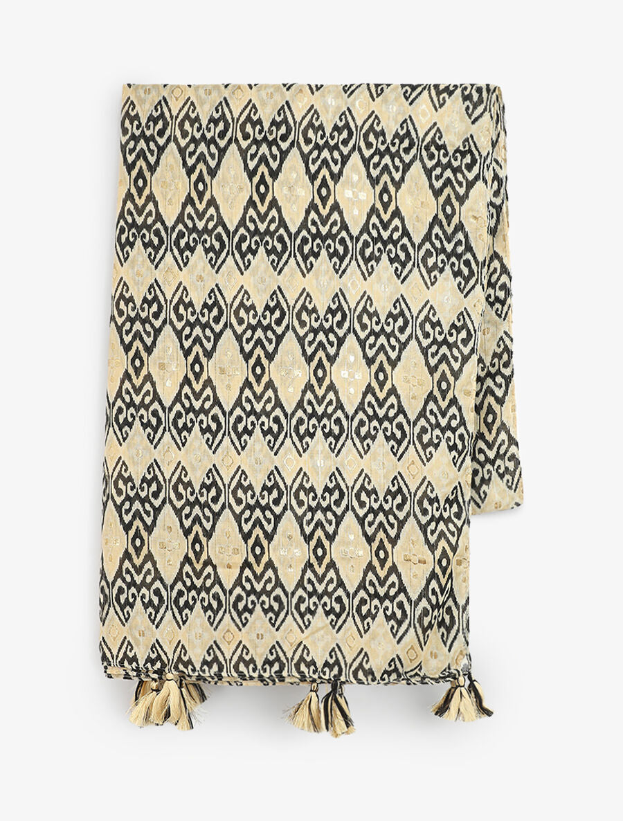Foulard à imprimé graphique irisé et pampilles - Beige - 2