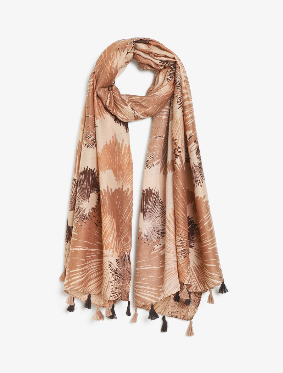 Foulard à pompons imprimé abstrait - Beige - 1