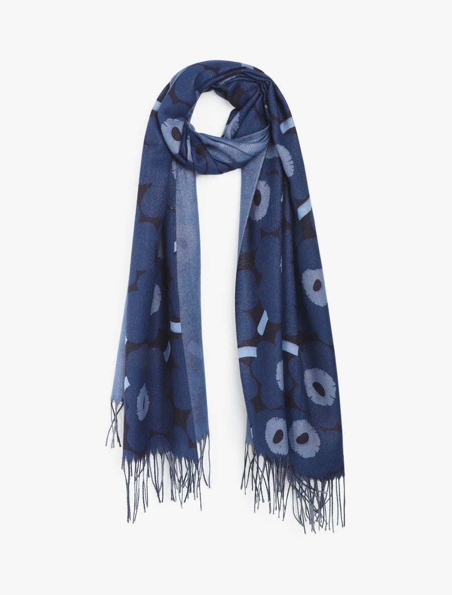 Echarpe fleurie à franges - Bleu - 4
