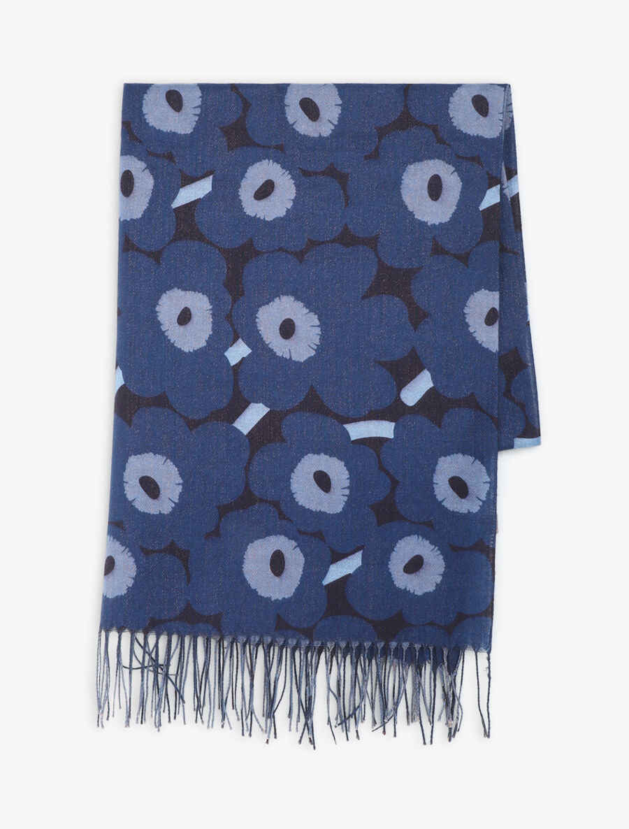 Echarpe fleurie à franges - Bleu - 2