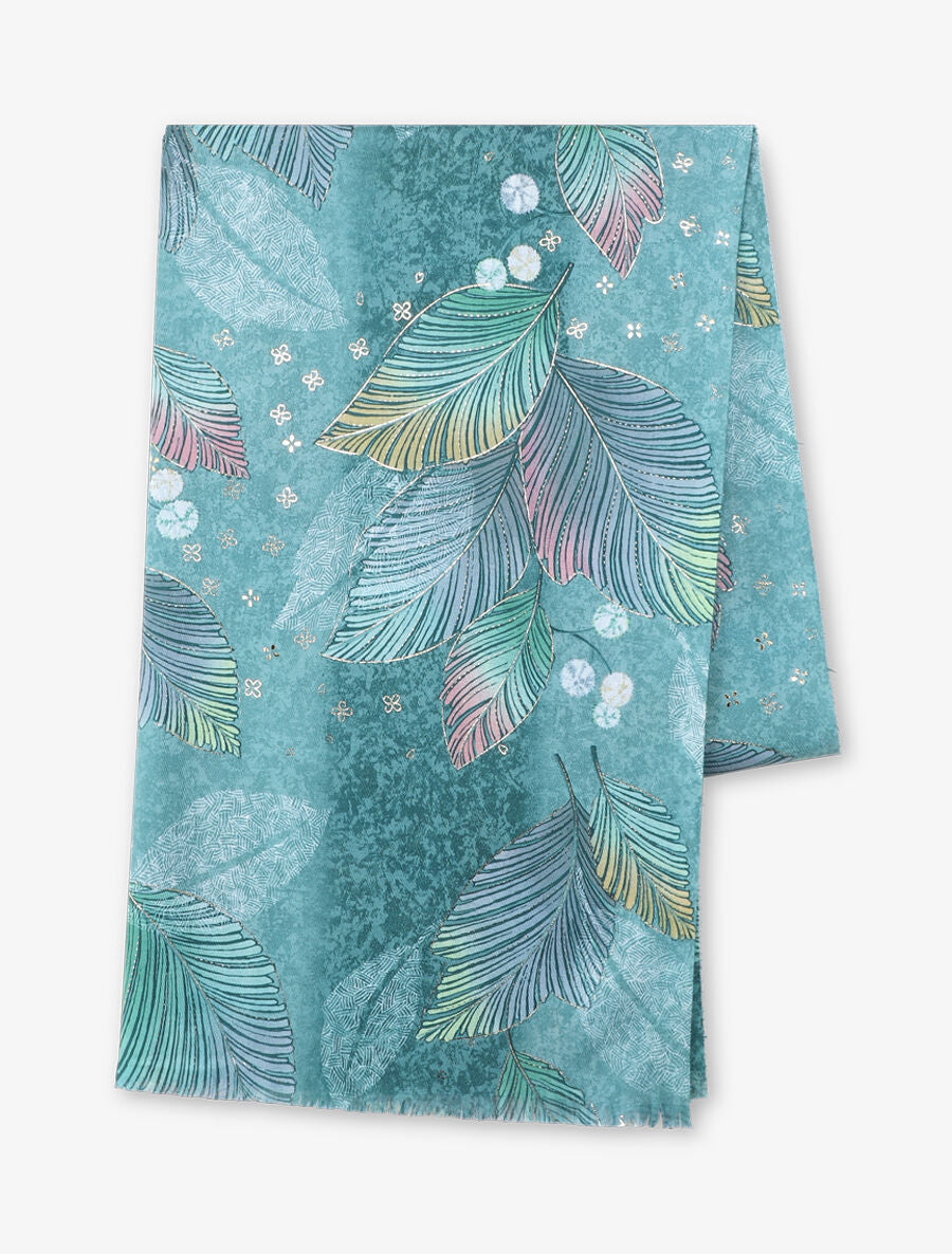 Echarpe motif feuilles à franges - Vert - 2