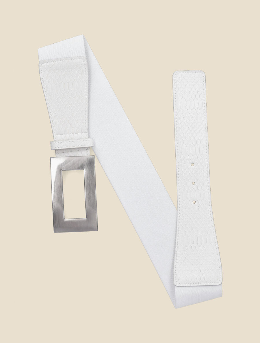 Ceinture élastiquée imprimé python et boucle rectangle - Blanc - 2