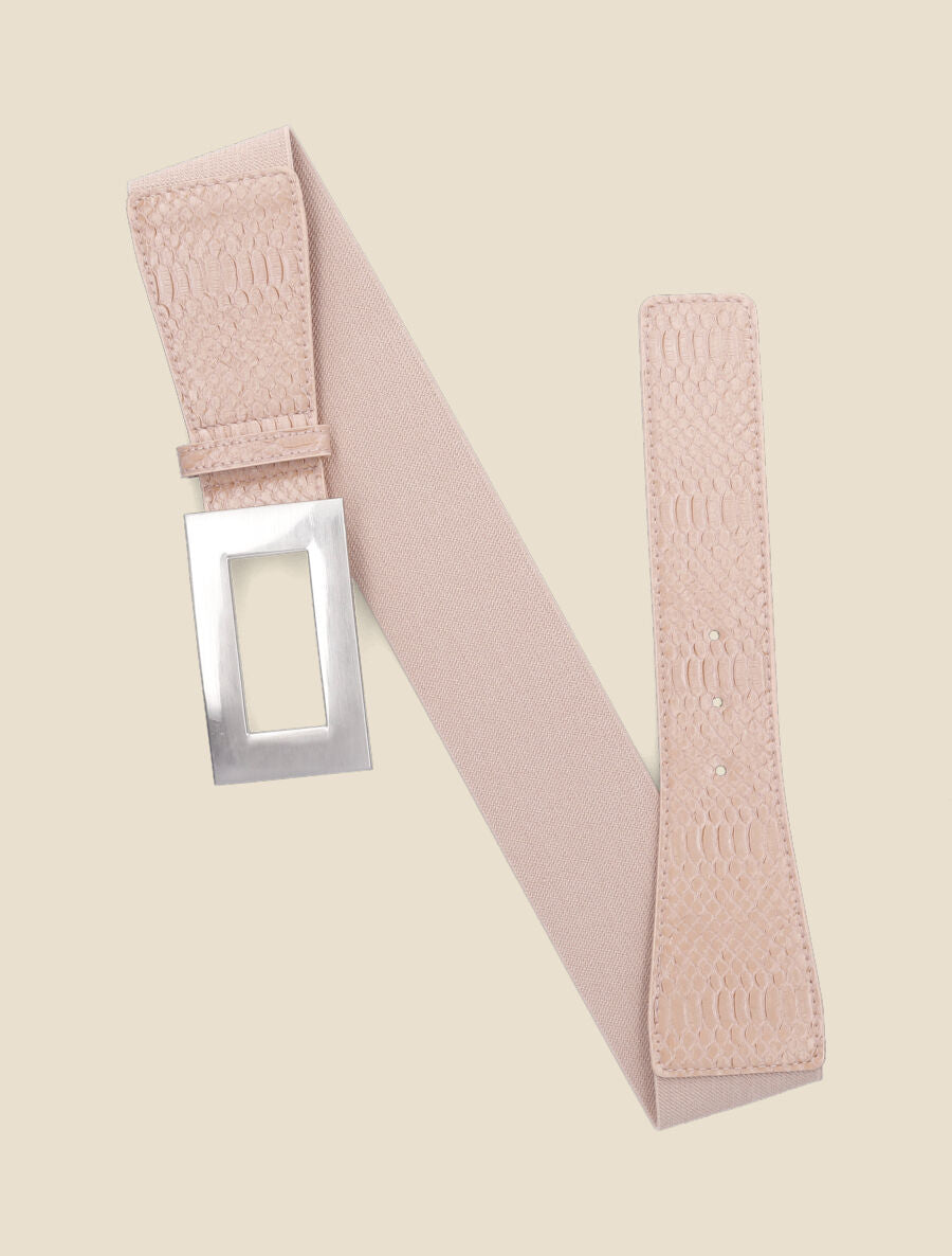 Ceinture élastiquée imprimé python et boucle rectangle - Rose - 2