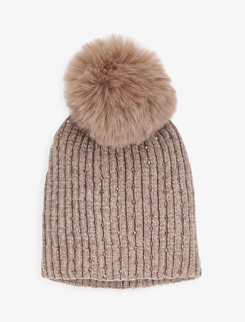 Bonnet côtelé à perles et pompon - Beige - 1