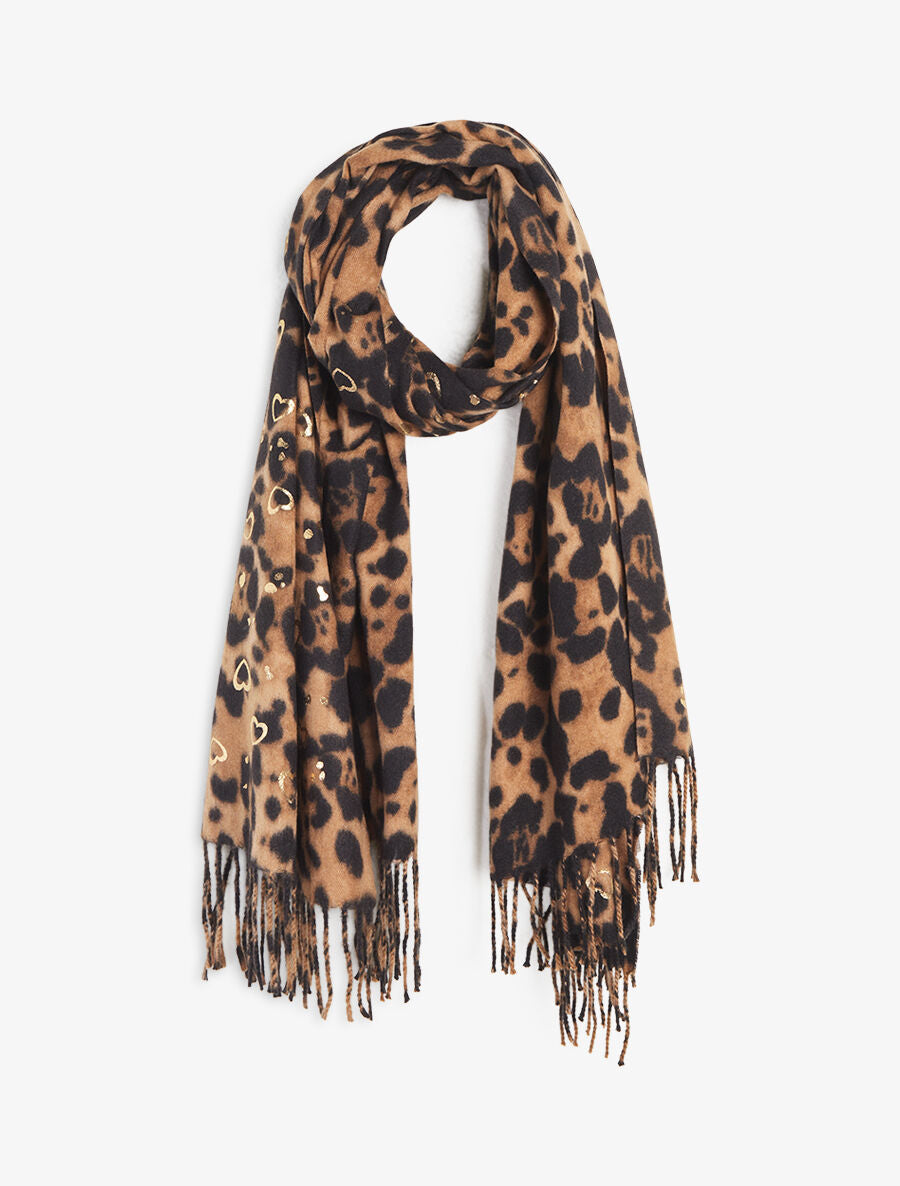 Foulard épais imprimé léopard et cœurs nacrés - Camel - 1
