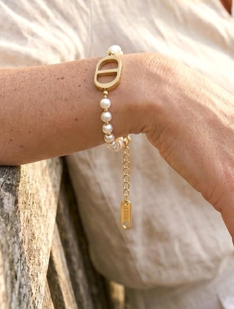 Bracelet en perle à charm ovale - Or/blanc - 1