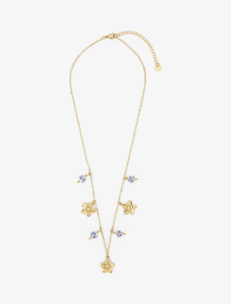 Collier à breloques style porcelaine et fleurs - Or/bleu - 2