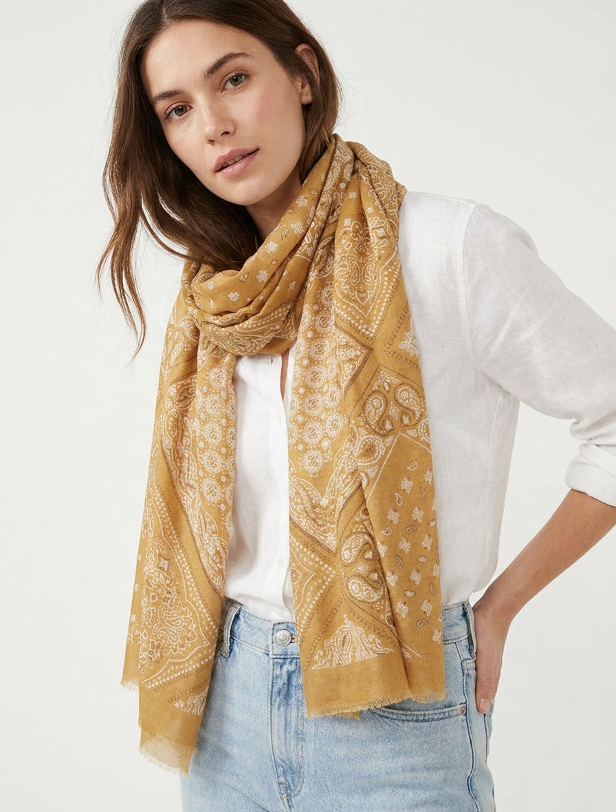 Echarpe imprimé bandana en coton mélangé - Moutarde