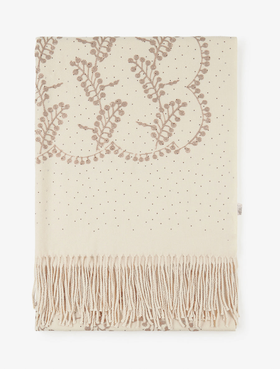 Echarpe en laine mélangée à broderies et strass - Beige - 2