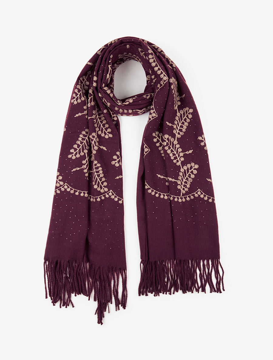 Echarpe en laine mélangée à broderies et strass - Lie de vin - 1