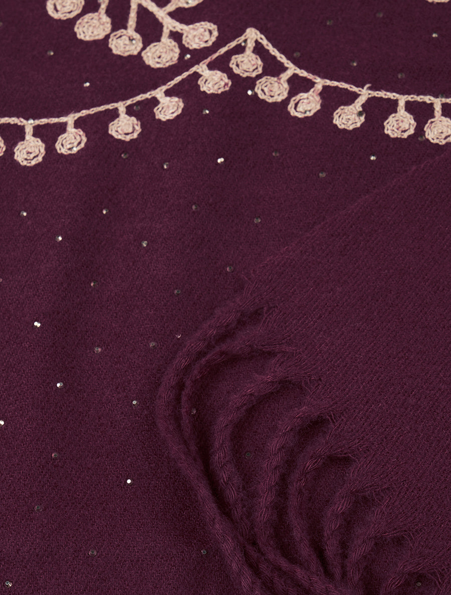Echarpe en laine mélangée à broderies et strass - Lie de vin - 3