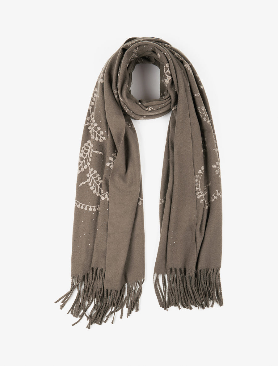 Echarpe en laine mélangée à broderies et strass - Taupe - 1