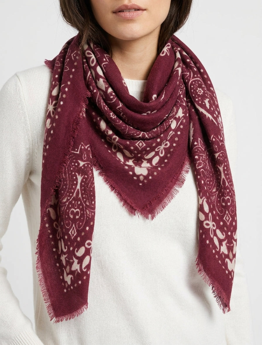 Paisley sjaal met rafelige randen - Bordeaux