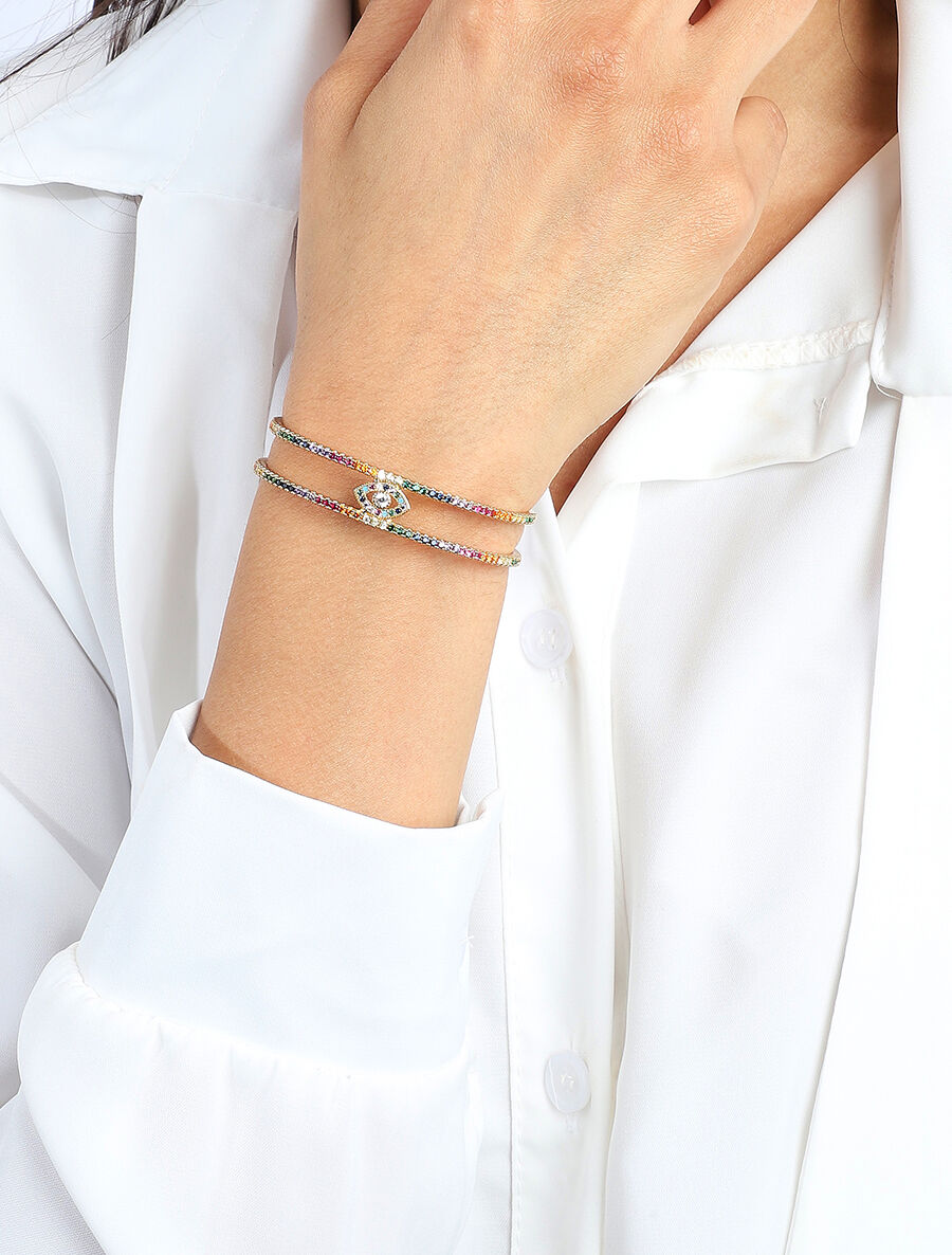 Jonc ouvert double rangs ornés de zircons - Or - 3