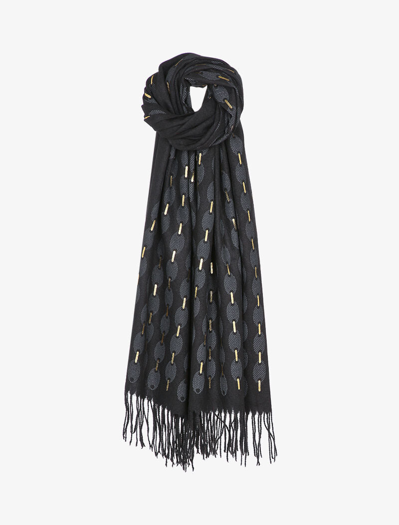 Echarpe à imprimé ovale irisé et franges - Noir - 1