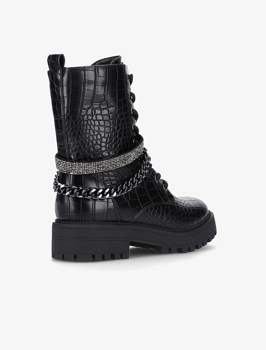 Boots biker croco à bande strassée - Noir - 4