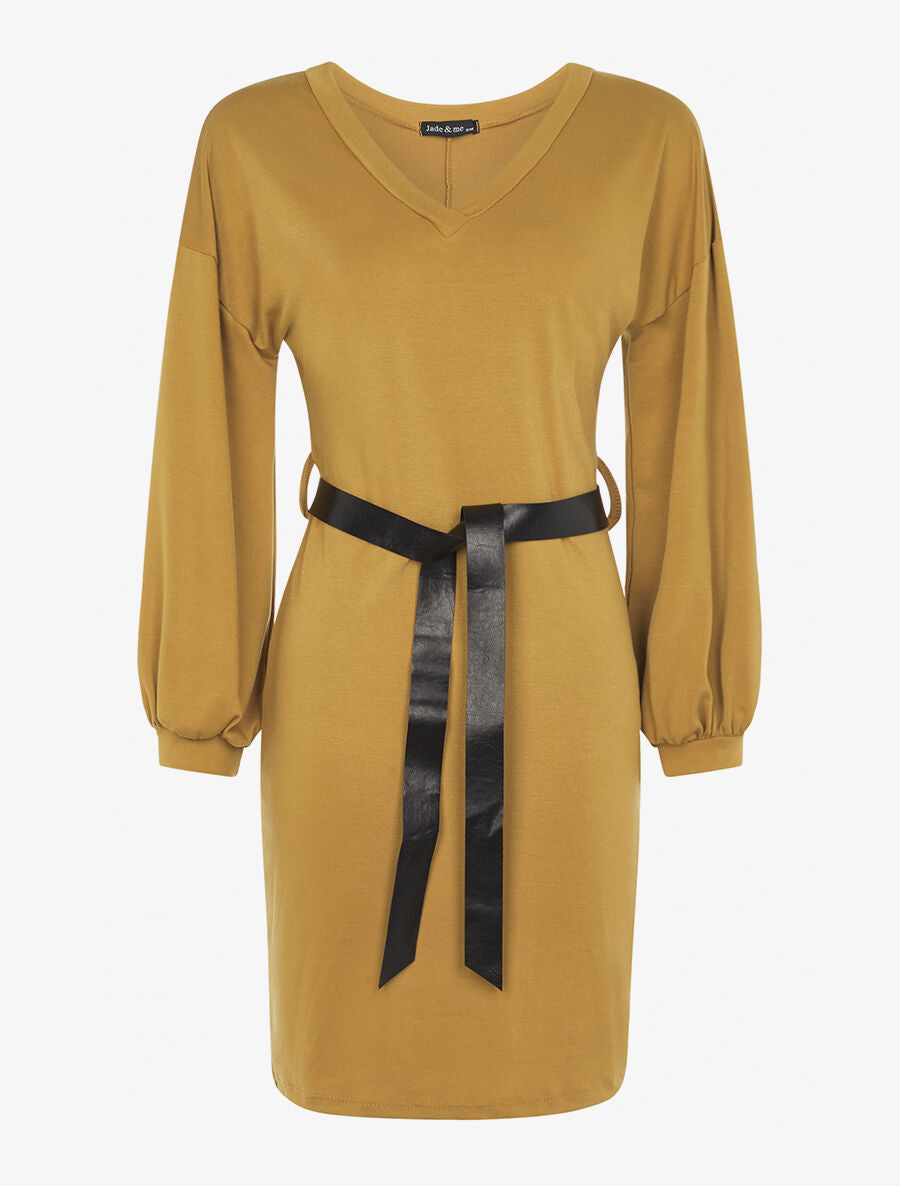 Robe sweatshirt ceinturée - Moutarde - 3