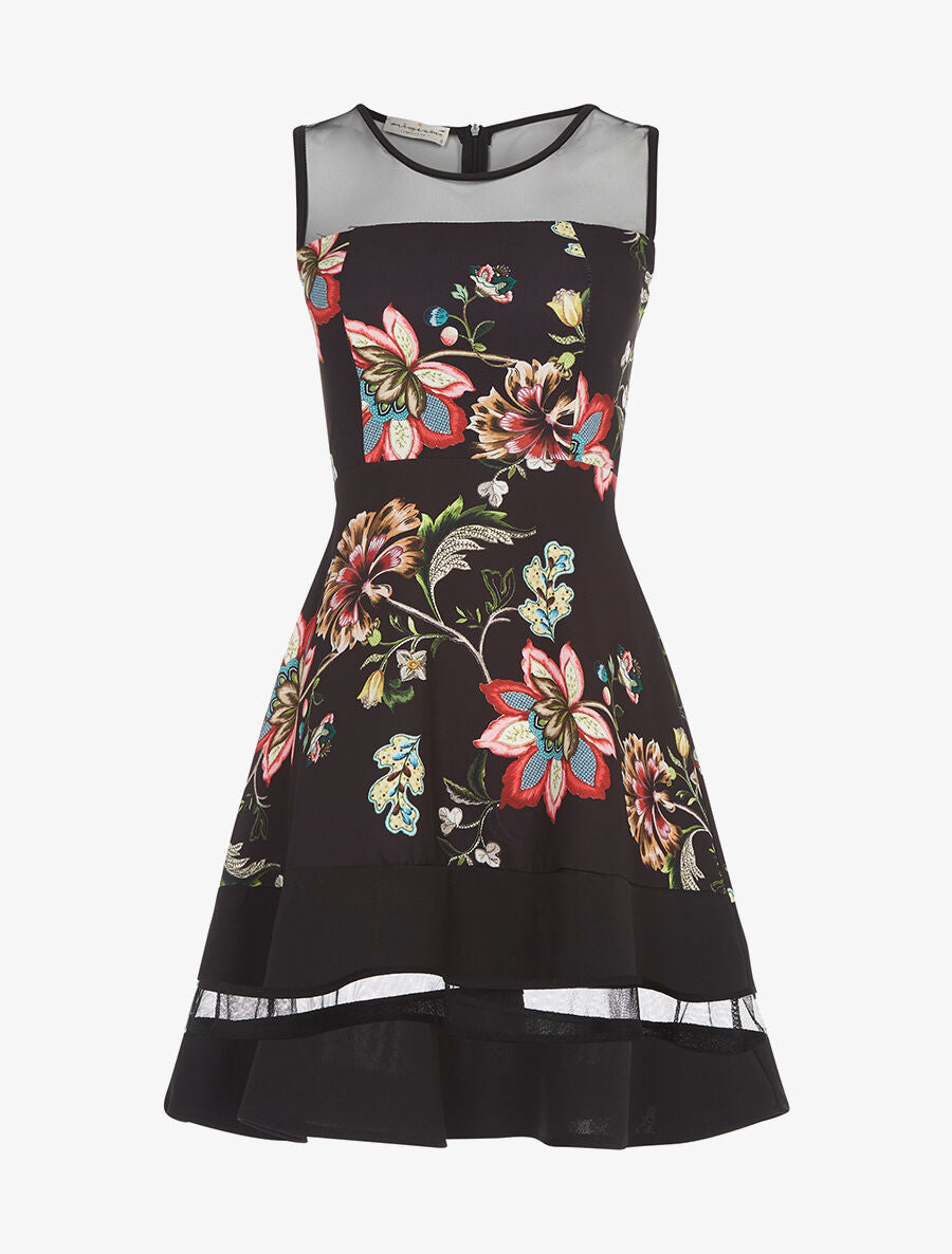 Robe empiècements transparents et fleurs - Noir - 1