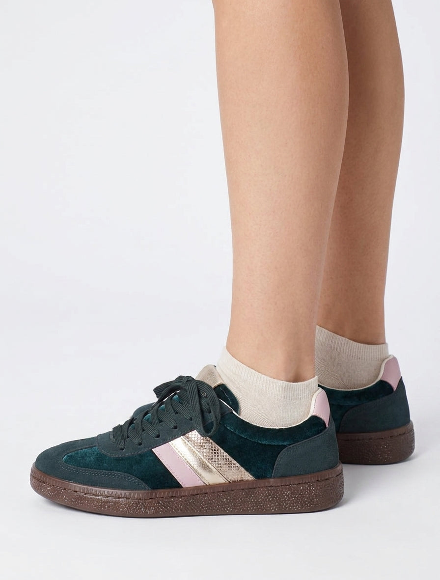 Sneakers à empiècement velours et semelle texturée - Vert sapin