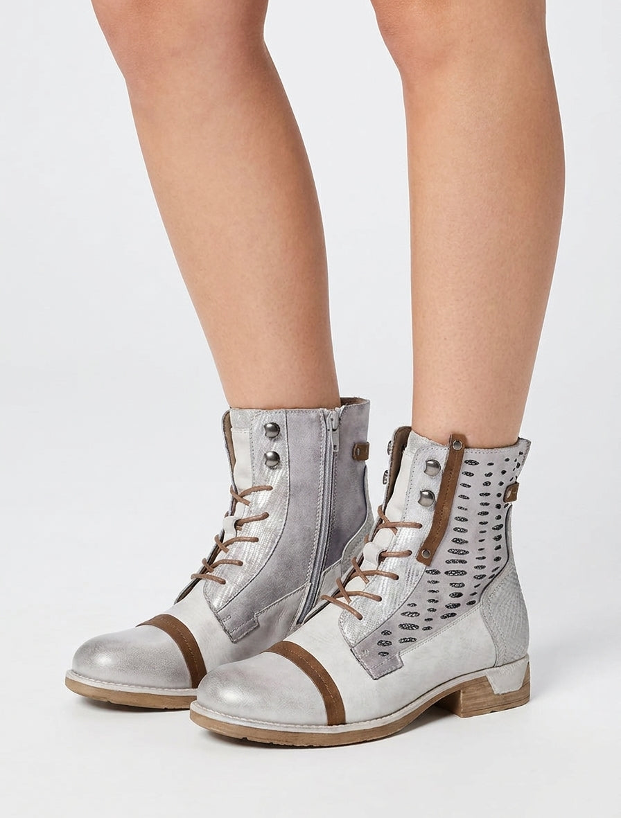 Bottines lacées à perforations irisées et python - Gris