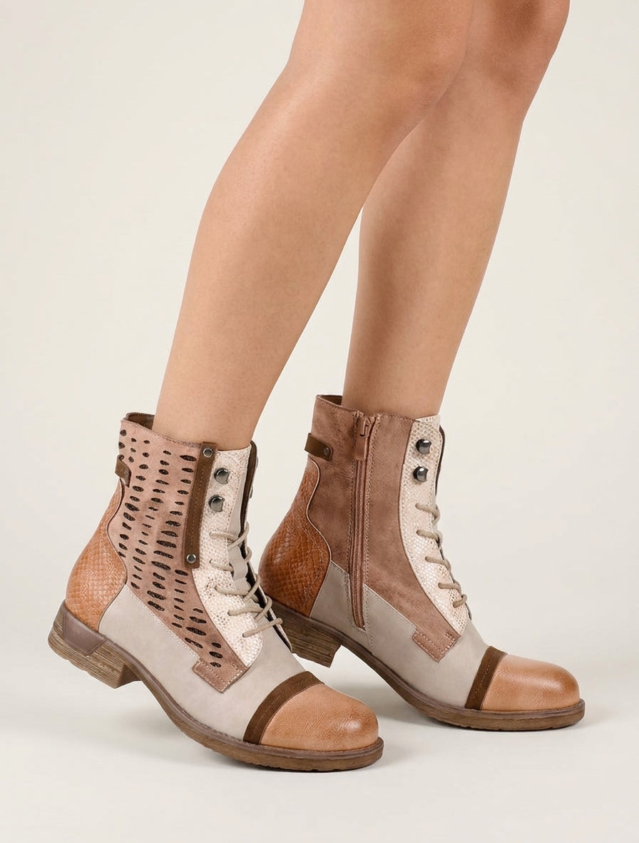 Bottines lacées à perforations irisées et python - Rose saumon