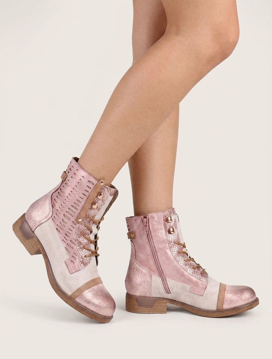 Bottines lacées irisées à perforations - Rose