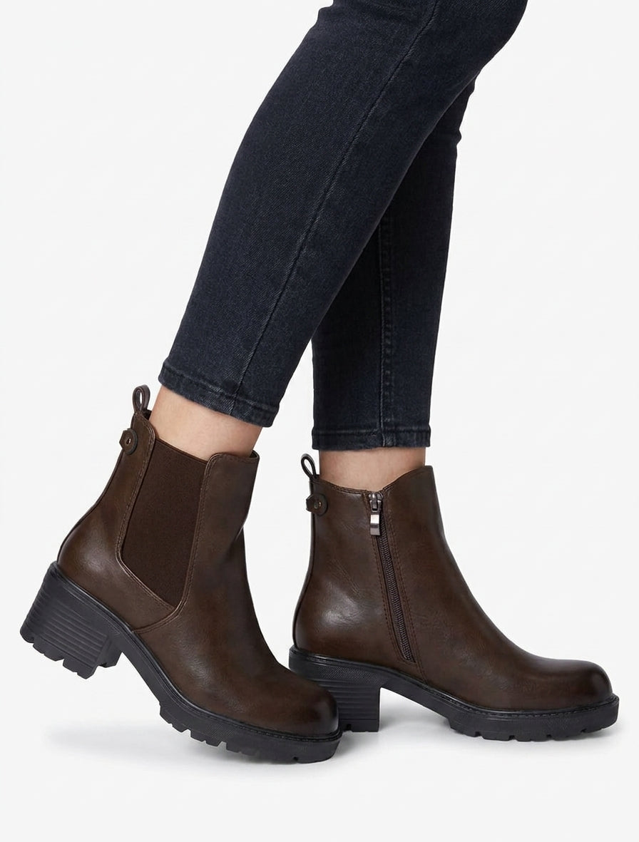 Bottines élastiquées en simili à semelle crantée - Marron