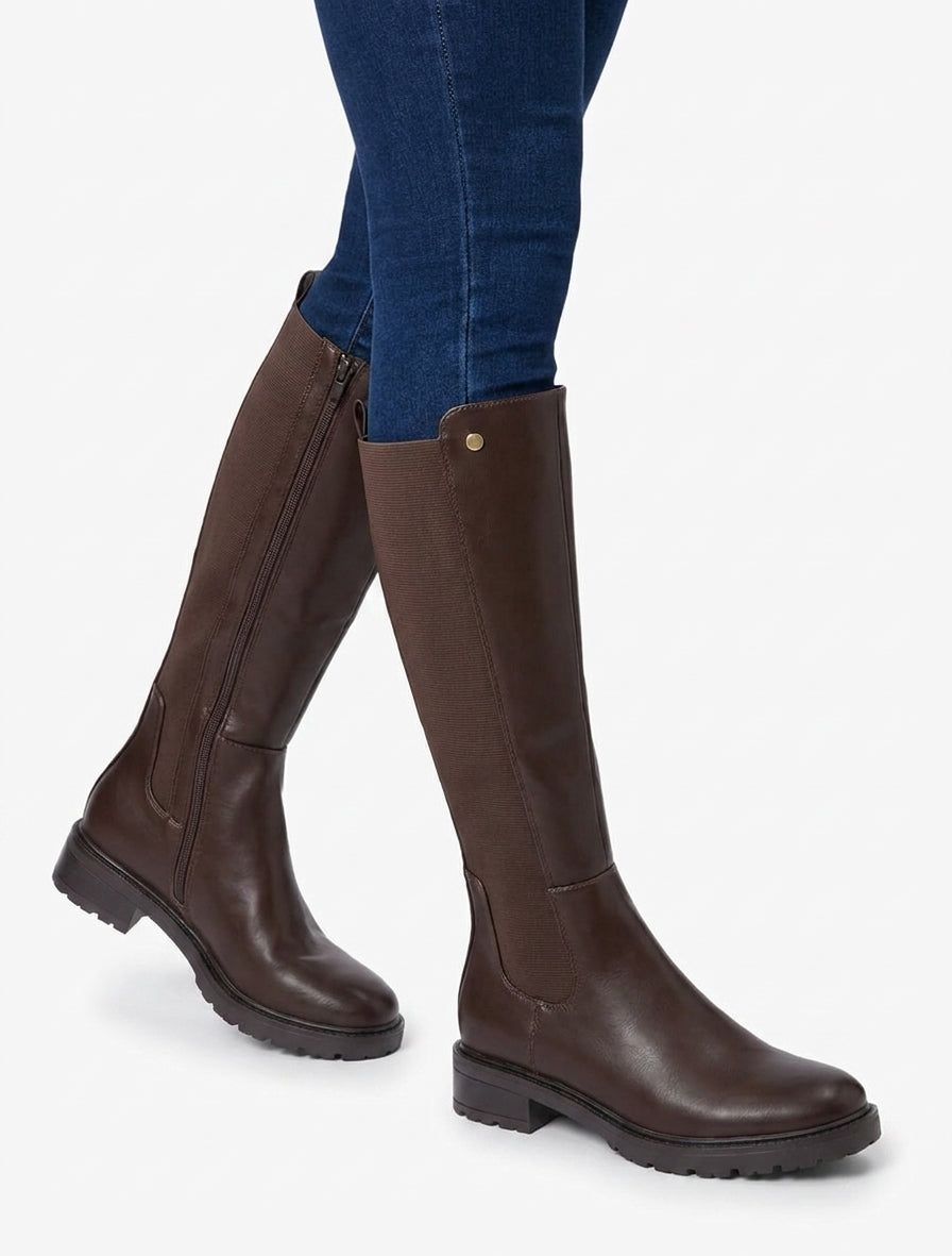 Bottes élastiquées en simili à semelle crantée - Marron