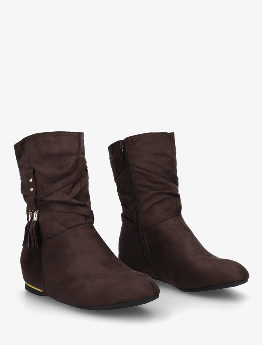 Bottines montantes en suédine à pompons - Marron - 4