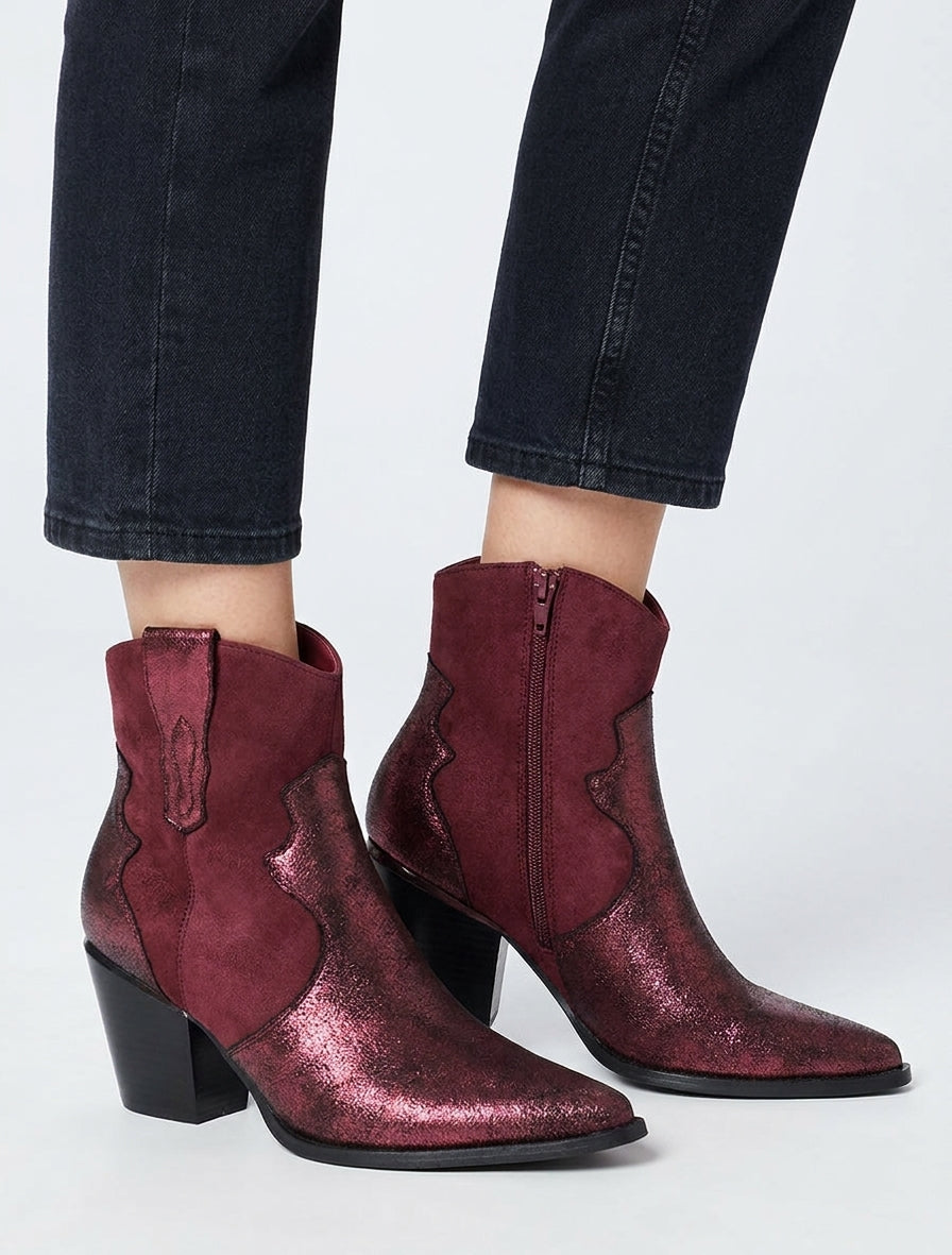 Bottines nacrées style santiag - Bordeaux