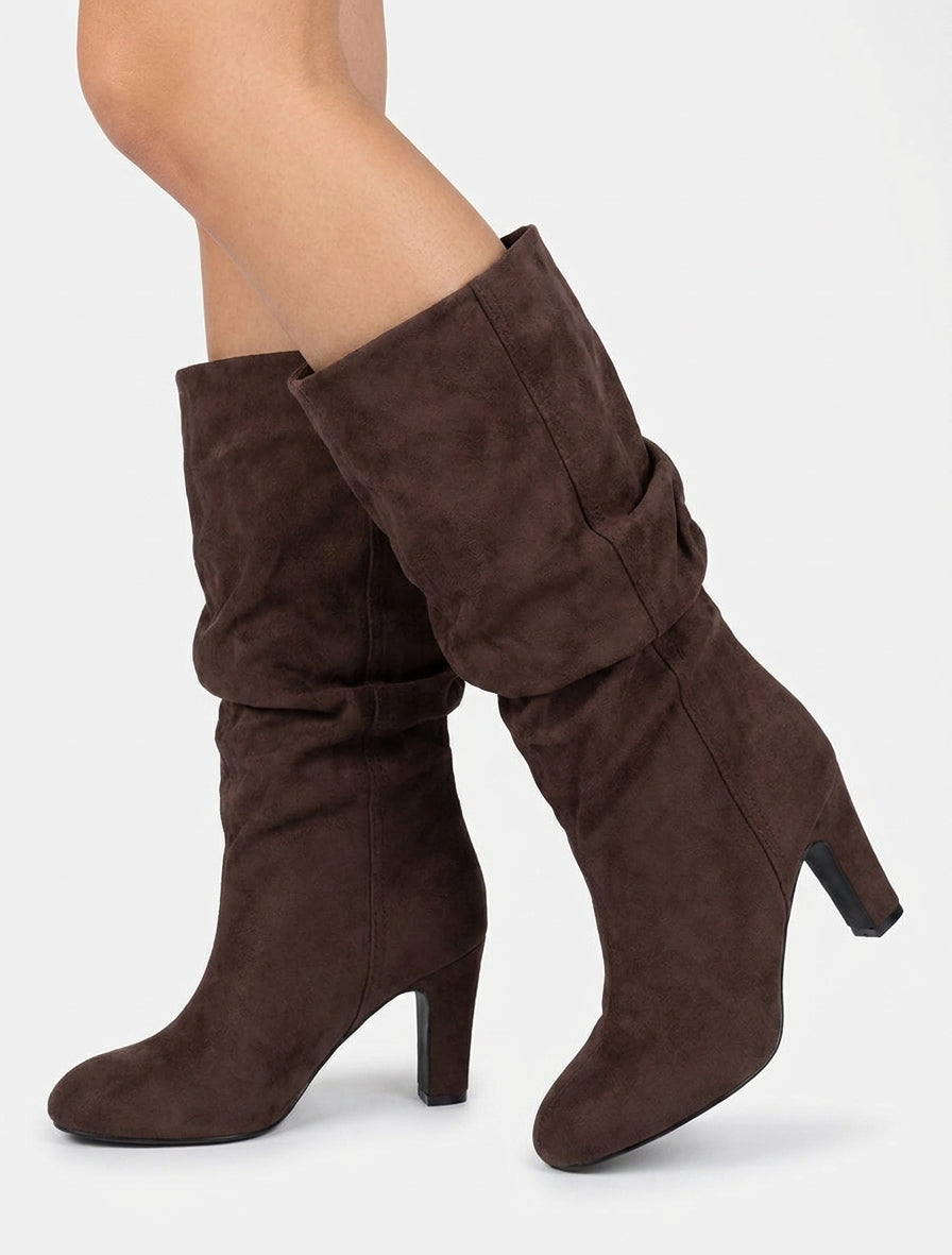 Bottes en suédine froncées à bouts ronds - Marron